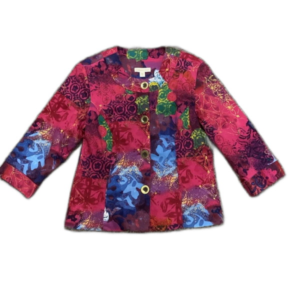 Coldwater Creek Multicolored Batik  Cotton 3/4 Sleeve Dressy Jacket Size 12 - Picture 2 of 16